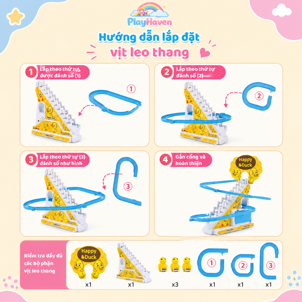 Đồ Chơi Vịt Leo Cầu Thang Phát Nhạc 3 Tầng 3/6/9 Vịt Cho Bé, Chạy Đèn Vui Nhộn Tặng Kèm Pin