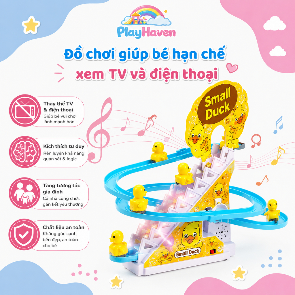 Đồ Chơi Vịt Leo Cầu Thang Phát Nhạc 3 Tầng 3/6/9 Vịt Cho Bé, Chạy Đèn Vui Nhộn Tặng Kèm Pin