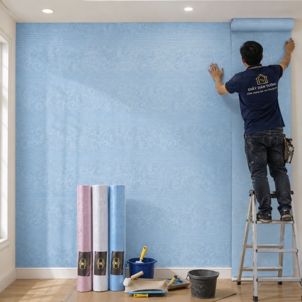 cuộn giấy dán tường in hoa văn nổi 3d khổ 45cm dài 1000cm