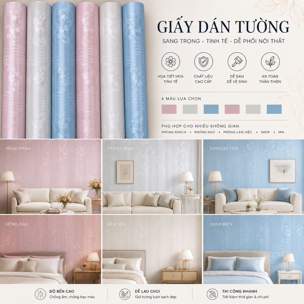 cuộn giấy dán tường in hoa văn nổi 3d khổ 45cm dài 1000cm
