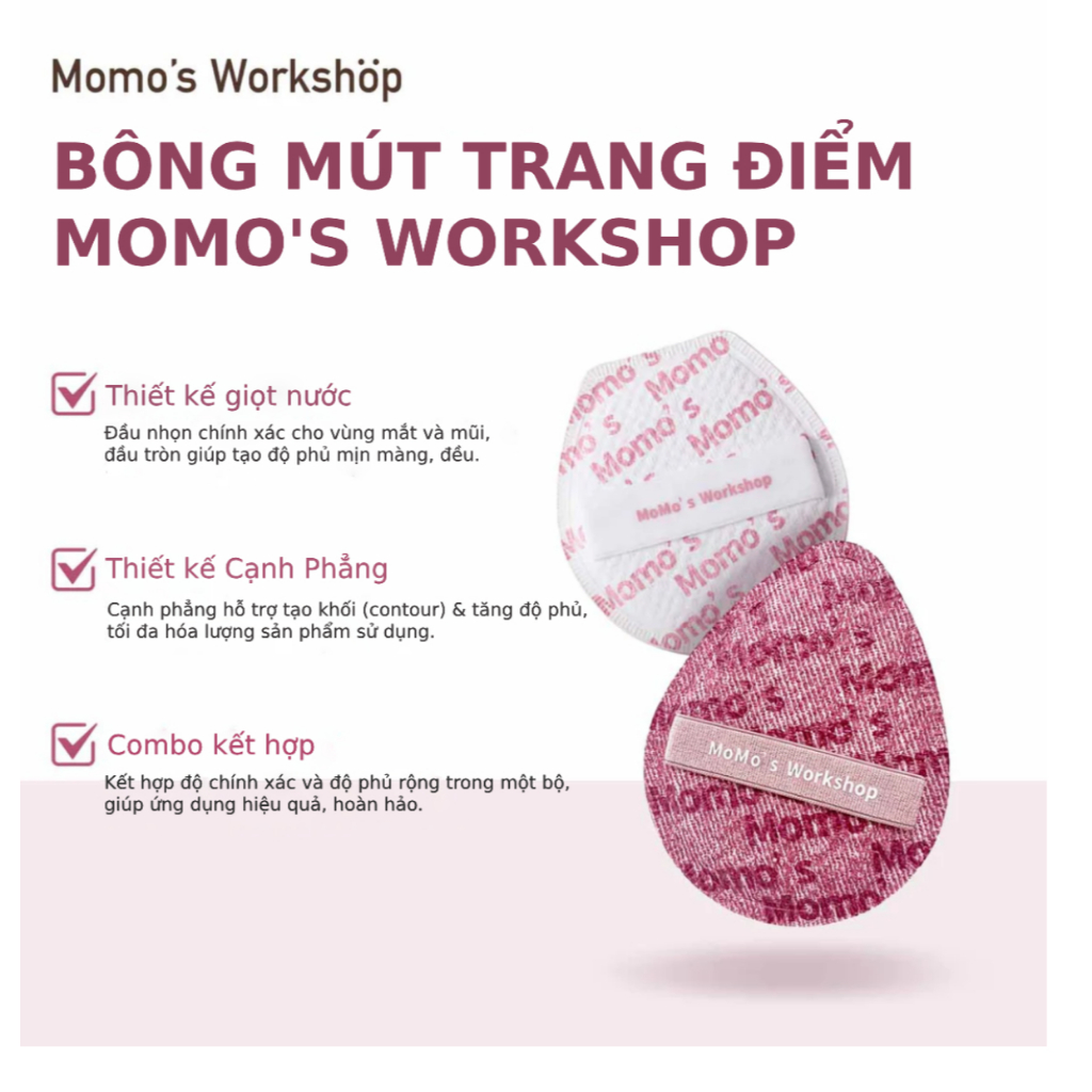 Bông Mút Trang Điểm Cao Cấp Dùng Khô Dày 4MM Momo's Workshop Denim Days Airy Mallow Puff Fuchsia Dry Use (2pcs)