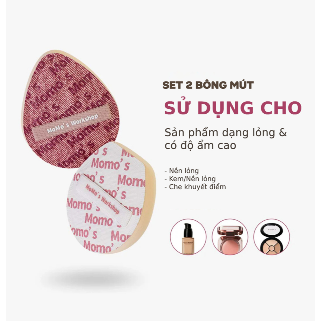 Bông Mút Trang Điểm Cao Cấp Dùng Khô Dày 4MM Momo's Workshop Denim Days Airy Mallow Puff Fuchsia Dry Use (2pcs)
