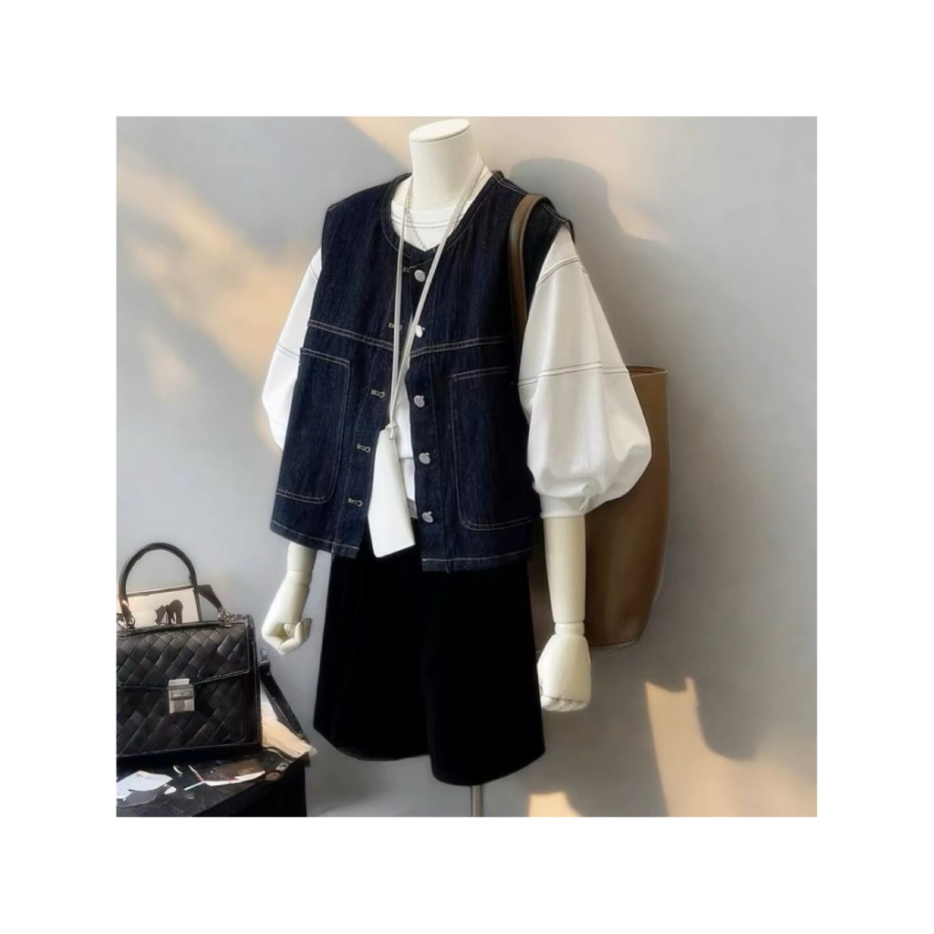 [ HÀNG SẴN ] áo khoác denim khoét nách phối sơ mi hoặc áo phông chất liệu denim cứng cáp