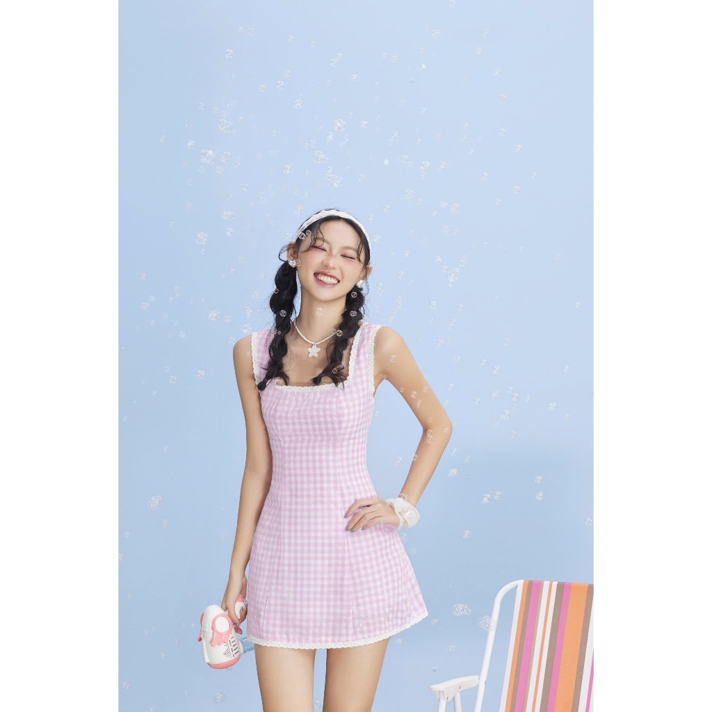 Đầm Nữ LUXYN Cổ Vuông Caro Viền Ren Ngọt Ngào Dễ Thương SECODEE