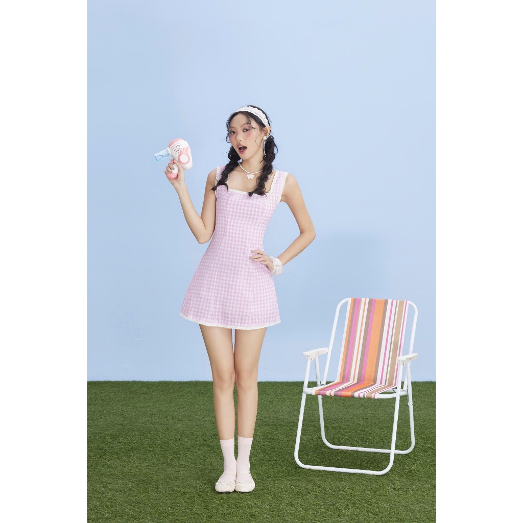 Đầm Nữ LUXYN Cổ Vuông Caro Viền Ren Ngọt Ngào Dễ Thương SECODEE