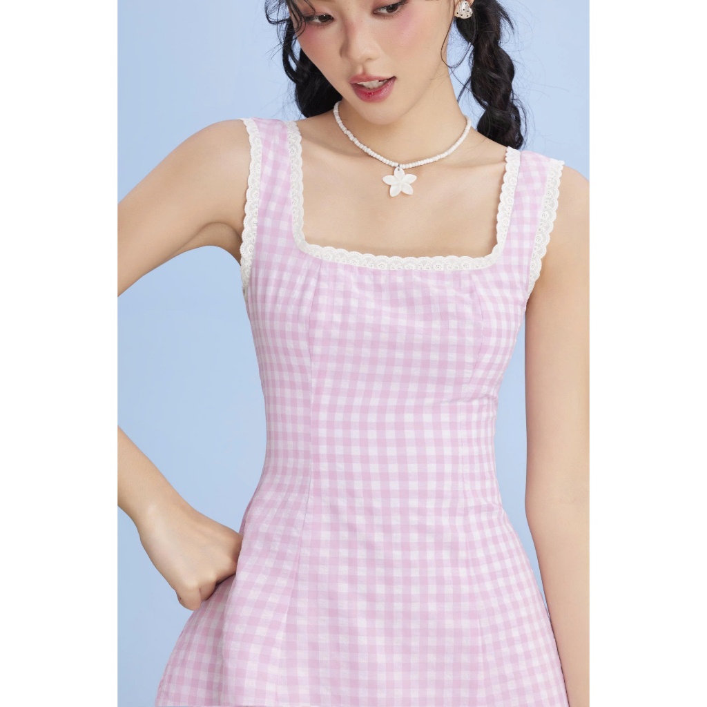 Đầm Nữ LUXYN Cổ Vuông Caro Viền Ren Ngọt Ngào Dễ Thương SECODEE