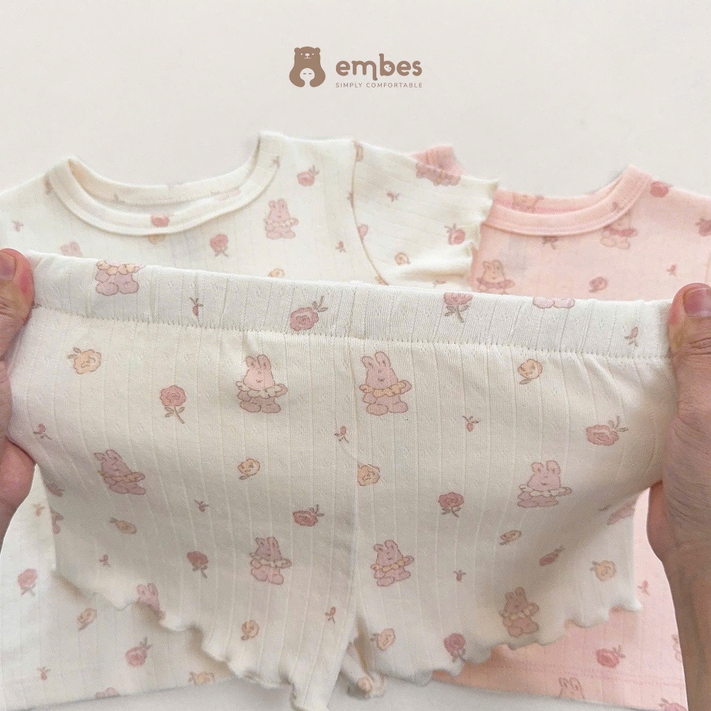 Bộ Cộc Bé Gái Embes, Bộ Cộc Tay In Họa Tiết Viền Bèo Chất Thông Hơi Thoáng Mát Cho Bé Gái Từ 8-17Kg