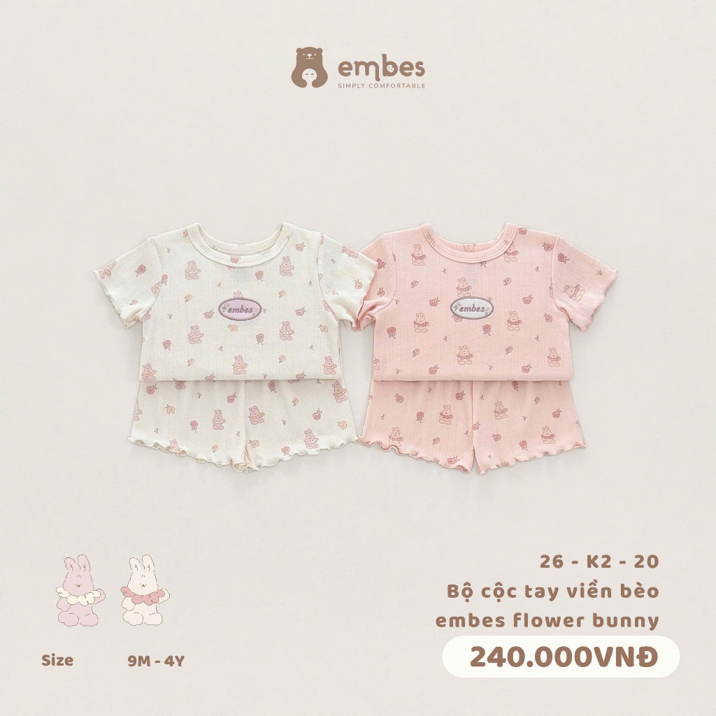 Bộ Cộc Bé Gái Embes, Bộ Cộc Tay In Họa Tiết Viền Bèo Chất Thông Hơi Thoáng Mát Cho Bé Gái Từ 8-17Kg