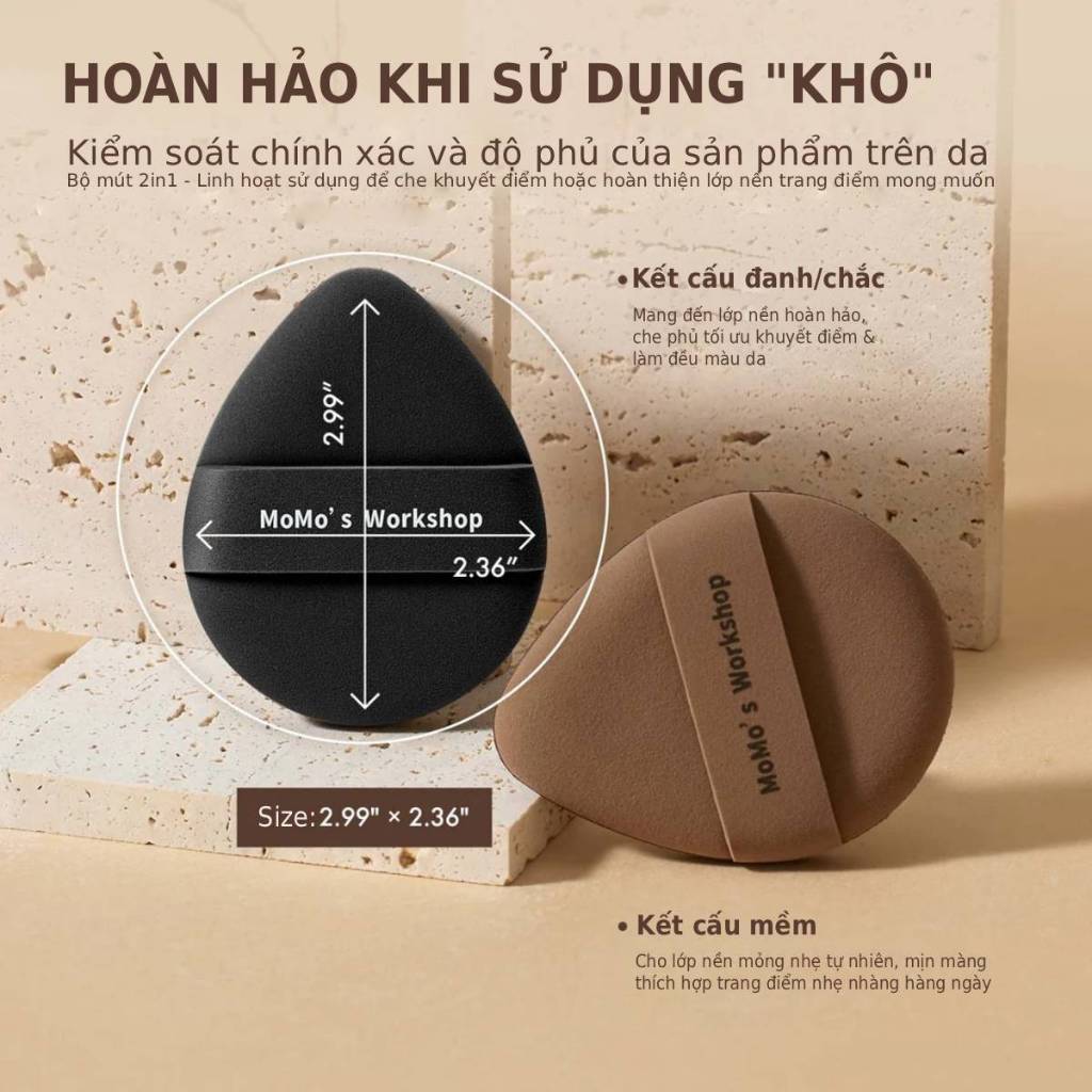 Bông Mút Trang Điểm Nền Siêm Mềm Mịn Momo's Workshop Classic Tatami Carbon & Taupe Dry Use (2pcs)