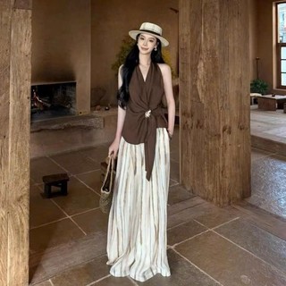 MIMI CLOTHING -  Set áo buộc eo màu nâu kết hợp maxi sọc bay nhẹ phong cách vintage