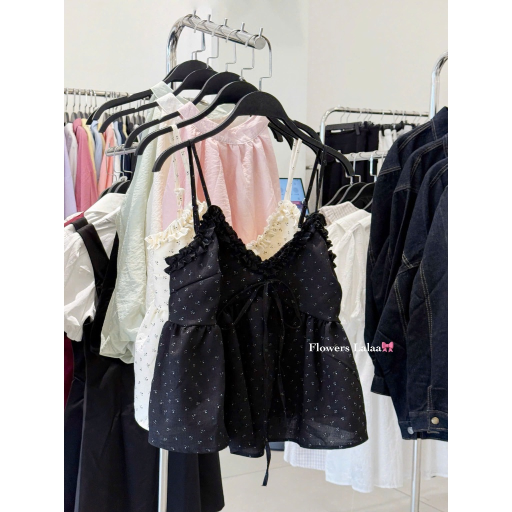 (ẢNH OLDSCHOOL) Áo 2 dây đũi vân mây dáng babydoll xoè Lalaa Top.