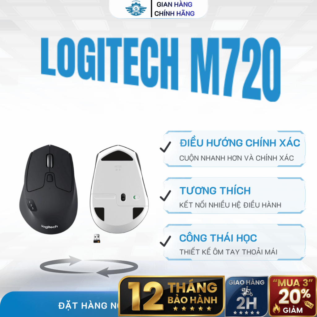 [🔰Chính Hãng] Chuột Không Dây Logitech M720 Triathlon – Multi-Device, Công Thái Học, Đa Tác Vụ, Bền | BigBuy360 - bigbuy360.vn
