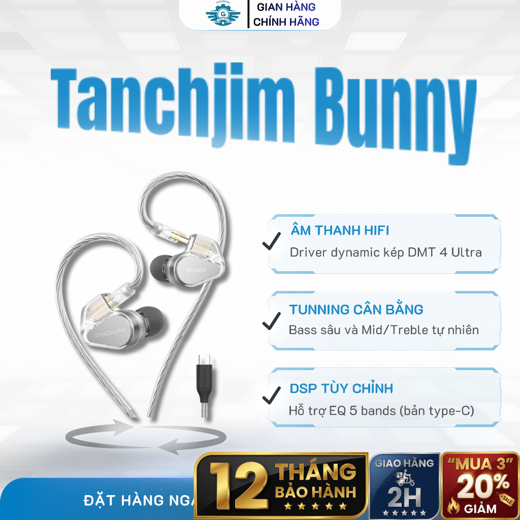 🎧 TANCHJIM Bunny –Tai Nghe In-Ear Dynamic IEM + DSP Type-C/3.5mm: PET-Ti, Double-Chamber, 5-Band EQ | BigBuy360 - bigbuy360.vn