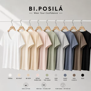 ÁO THUN NỮ CỔ TIM BASIC BI.POSILÁ FORM SUÔNG VỪA | Cotton Borip Co Giãn 4 Chiều Mềm Mịn