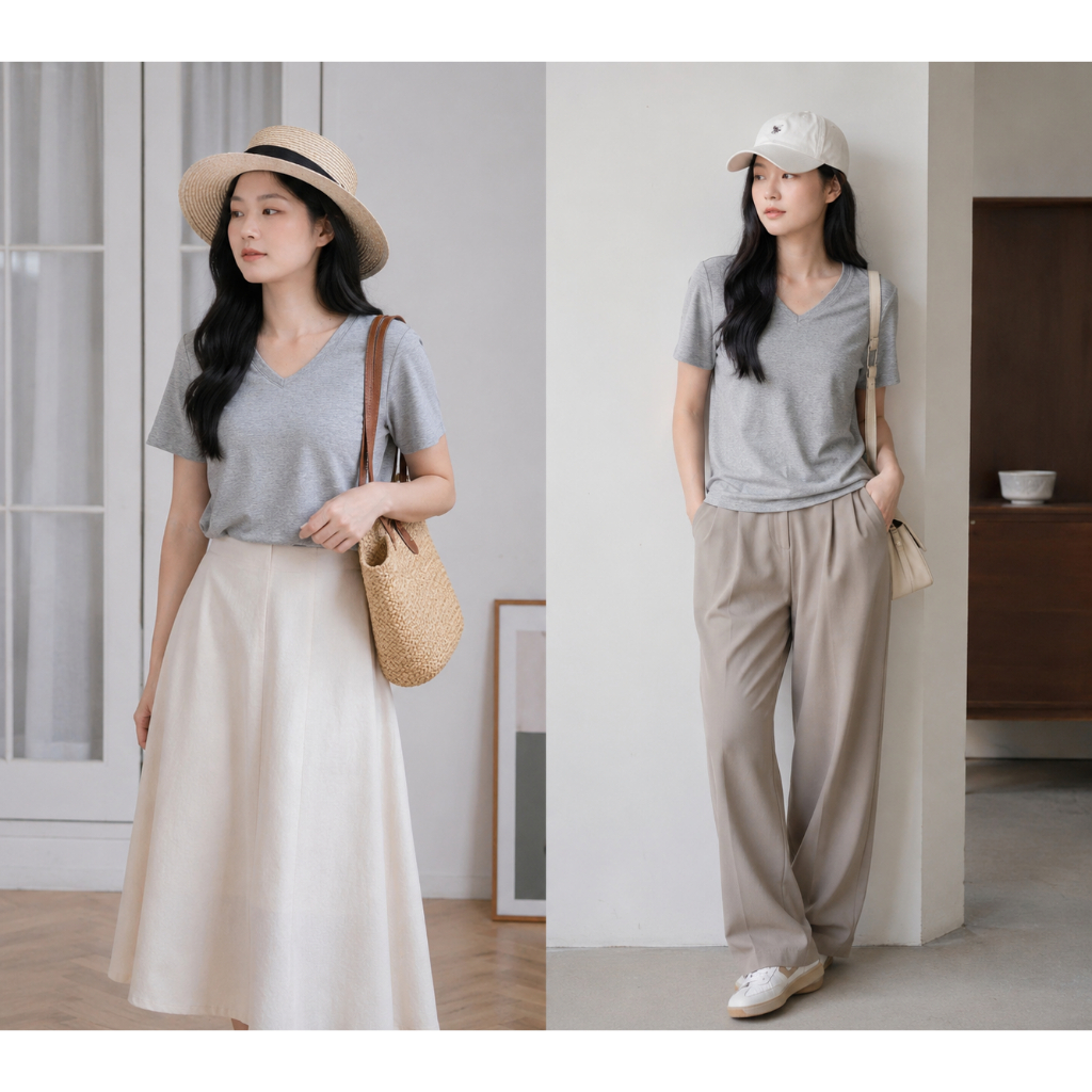 [A34- MẪU MỚI - VẢI RŨ] ÁO THUN NỮ CỔ TIM BASIC BI.POSILÁ FORM SUÔNG VỪA | Cotton Borip Co Giãn 4 Chiều Mềm Mịn
