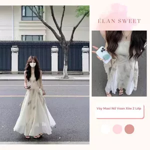 Váy maxi nữ voan xòe 2 lớp dáng dài họa tiết loang nhẹ thanh lịch Hàn Quốc