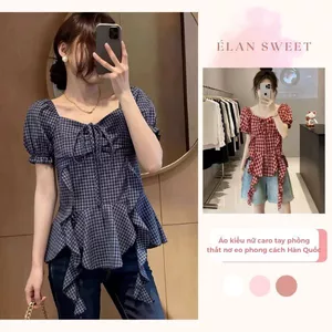 Áo kiểu nữ caro tay phồng thắt nơ eo peplum tôn dáng phong cách Hàn Quốc