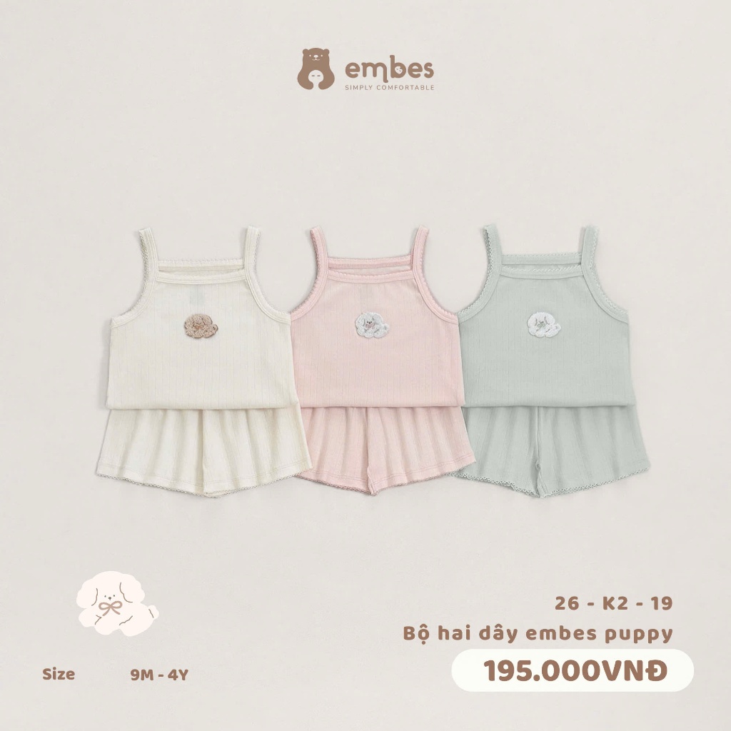 Bộ Bé Gái Embes, Bộ Hai Dây Ngực Thêu Hình Chất Thông Hơi Thoáng Mát Mềm Mại Cho Bé Gái Từ 8-17Kg