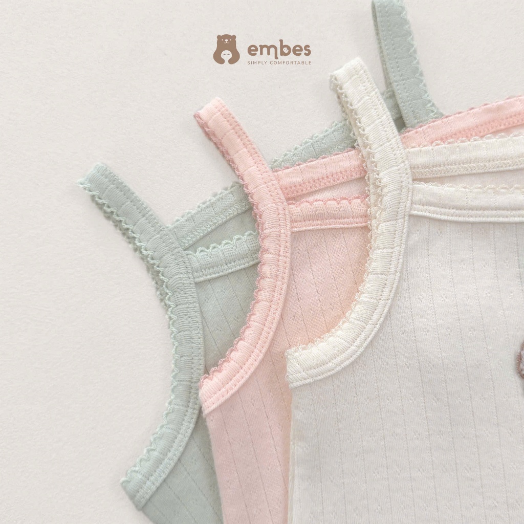 Bộ Bé Gái Embes, Bộ Hai Dây Ngực Thêu Hình Chất Thông Hơi Thoáng Mát Mềm Mại Cho Bé Gái Từ 8-17Kg