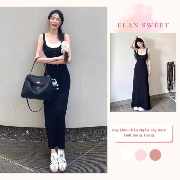 Đầm Cổ Đức Élan Sweet - Váy Liền Thân Ngắn Tay Kèm Belt Sang Trọng, Thời Trang Thiết Kế 2026