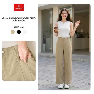 (Sẵn) 6QDT14 Quần dài nữ CARDINA chất liệu kaki dáng suông cạp cao túi chéo gân trước