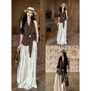 MIMI CLOTHING -  Set áo buộc eo màu nâu kết hợp maxi sọc bay nhẹ phong cách vintage