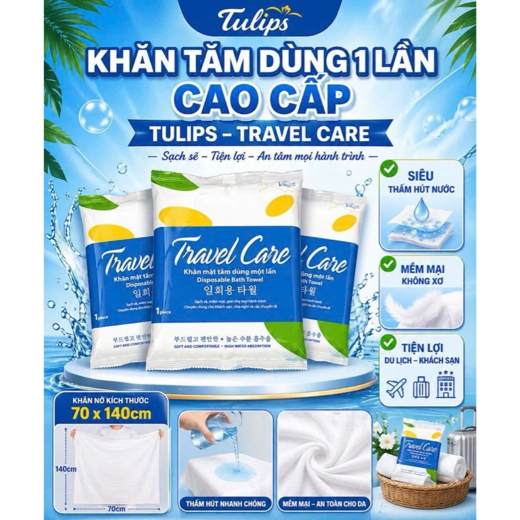 Combo 3 khăn tắm du lịch dạng nén cao cấp Tulips kích thước 70x140cm, mềm mại, an toàn, kháng khuẩn tự nhiên