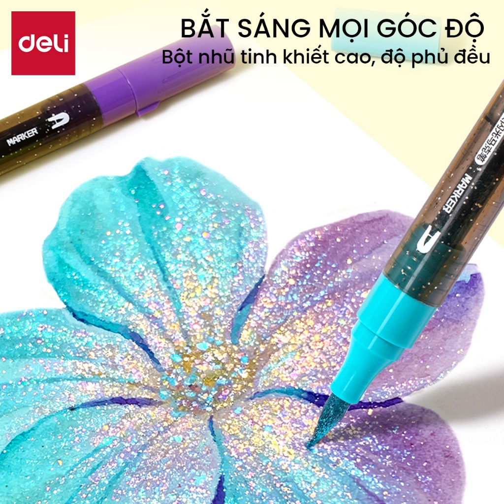 [VOUCHER 20% HÀNG MỚI VỀ] Màu Marker Nhũ Hai Đầu Thân Tròn Hộp PP Deli - Bộ 48 Bút 96 Màu Hộp Maker Nhũ Lấp Lánh VẽTranh