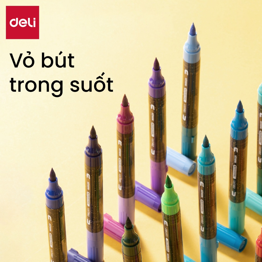 [VOUCHER 20% HÀNG MỚI VỀ] Màu Marker Nhũ Hai Đầu Thân Tròn Hộp PP Deli - Bộ 48 Bút 96 Màu Hộp Maker Nhũ Lấp Lánh VẽTranh