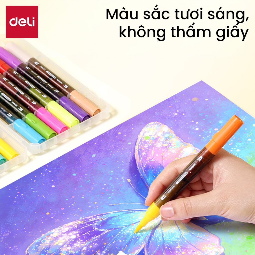 [VOUCHER 20% HÀNG MỚI VỀ] Màu Marker Nhũ Hai Đầu Thân Tròn Hộp PP Deli - Bộ 48 Bút 96 Màu Hộp Maker Nhũ Lấp Lánh VẽTranh