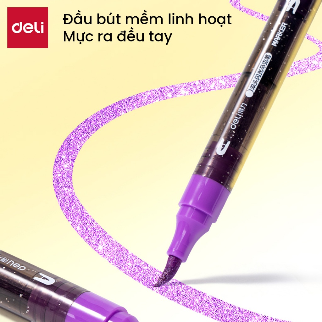 [VOUCHER 20% HÀNG MỚI VỀ] Màu Marker Nhũ Hai Đầu Thân Tròn Hộp PP Deli - Bộ 48 Bút 96 Màu Hộp Maker Nhũ Lấp Lánh VẽTranh