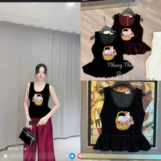 Áo nhung the sát nách cổ U thêu thỏ hoa đá bèo gấu