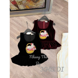 Áo nhung the sát nách cổ U thêu thỏ hoa đá bèo gấu