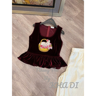 Áo nhung the sát nách cổ U thêu thỏ hoa đá bèo gấu
