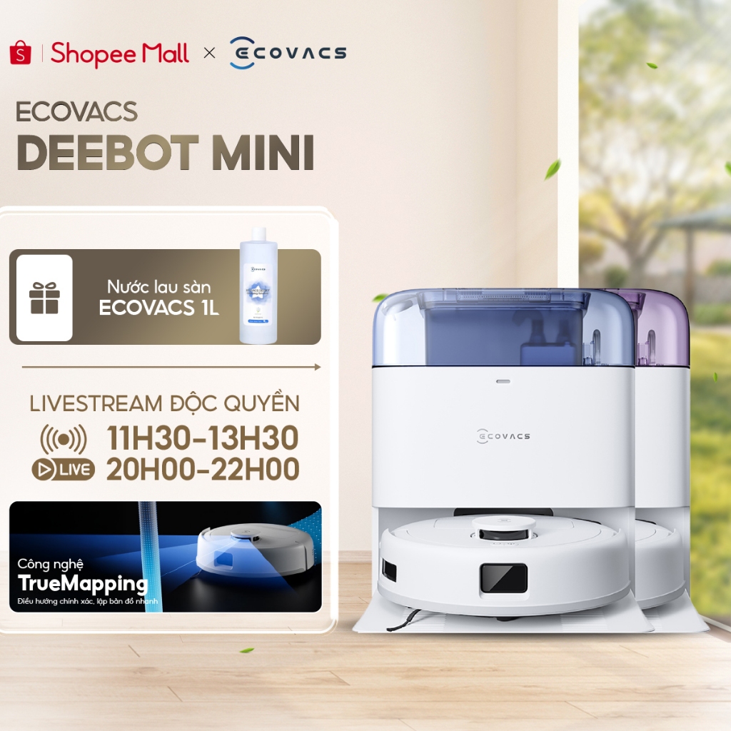 Robot hút bụi lau nhà Ecovacs Deebot Mini - Lực hút 9000Pa - Pin 3200mAh - Trạm sạc OMNI nhỏ gọn - Bảo Hành 12 Tháng