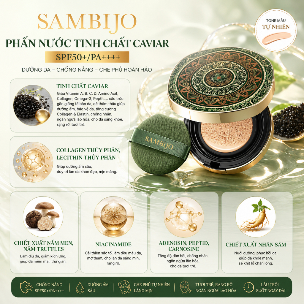 Phấn Nước Trang Điểm SAMBIJO Tinh Chất Caviar tone tự nhiên SPF50+/PA++++ 15g