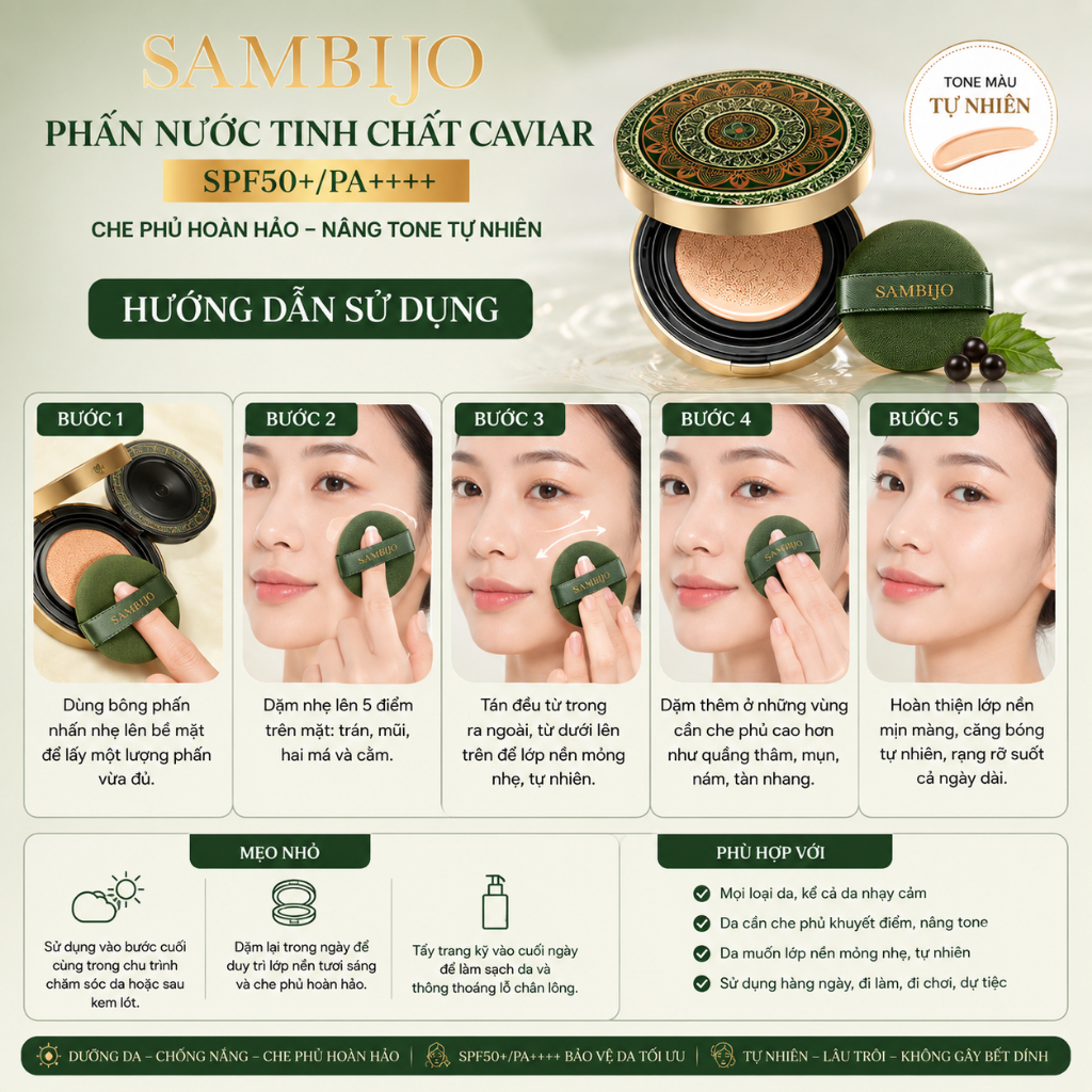 Phấn Nước Trang Điểm SAMBIJO Tinh Chất Caviar tone tự nhiên SPF50+/PA++++ 15g