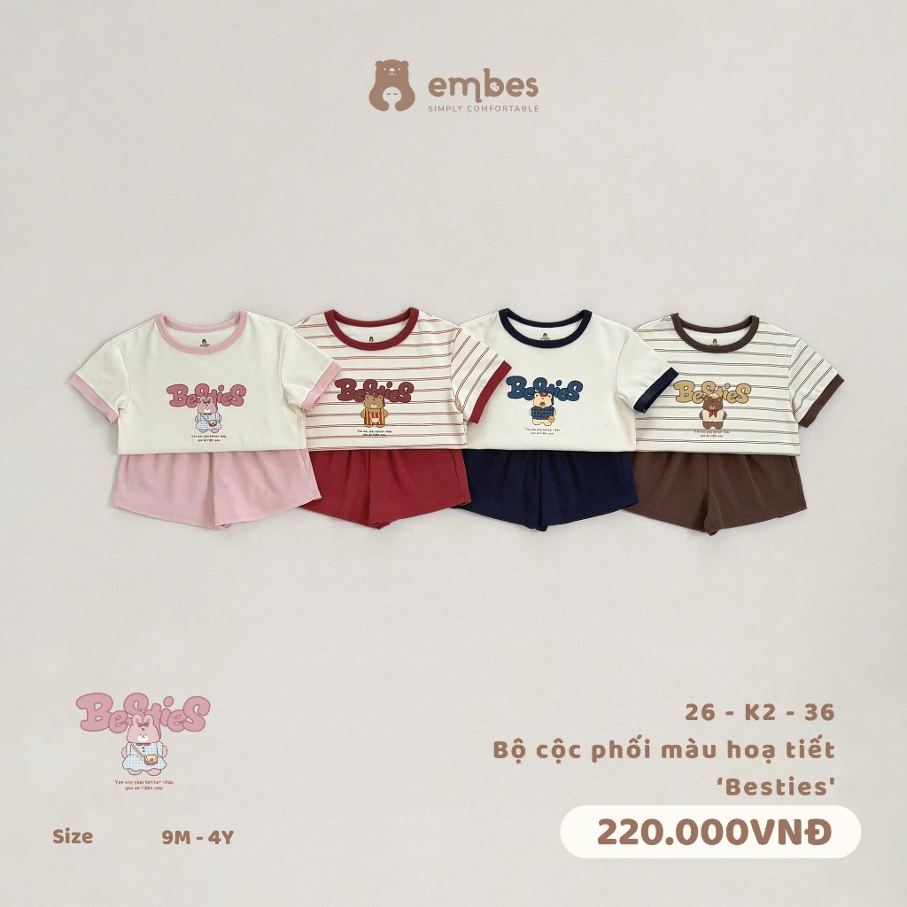 Bộ Cộc Cho Bé Embes, Bộ Cộc Ngực In Hình Phối Màu Chất Cotton Mềm Mại Thoáng Mát Cho Bé Từ 8-17Kg