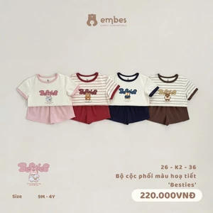 Bộ Cộc Cho Bé Embes, Bộ Cộc Ngực In Hình Phối Màu Chất Cotton Mềm Mại Thoáng Mát Cho Bé Từ 8-17Kg