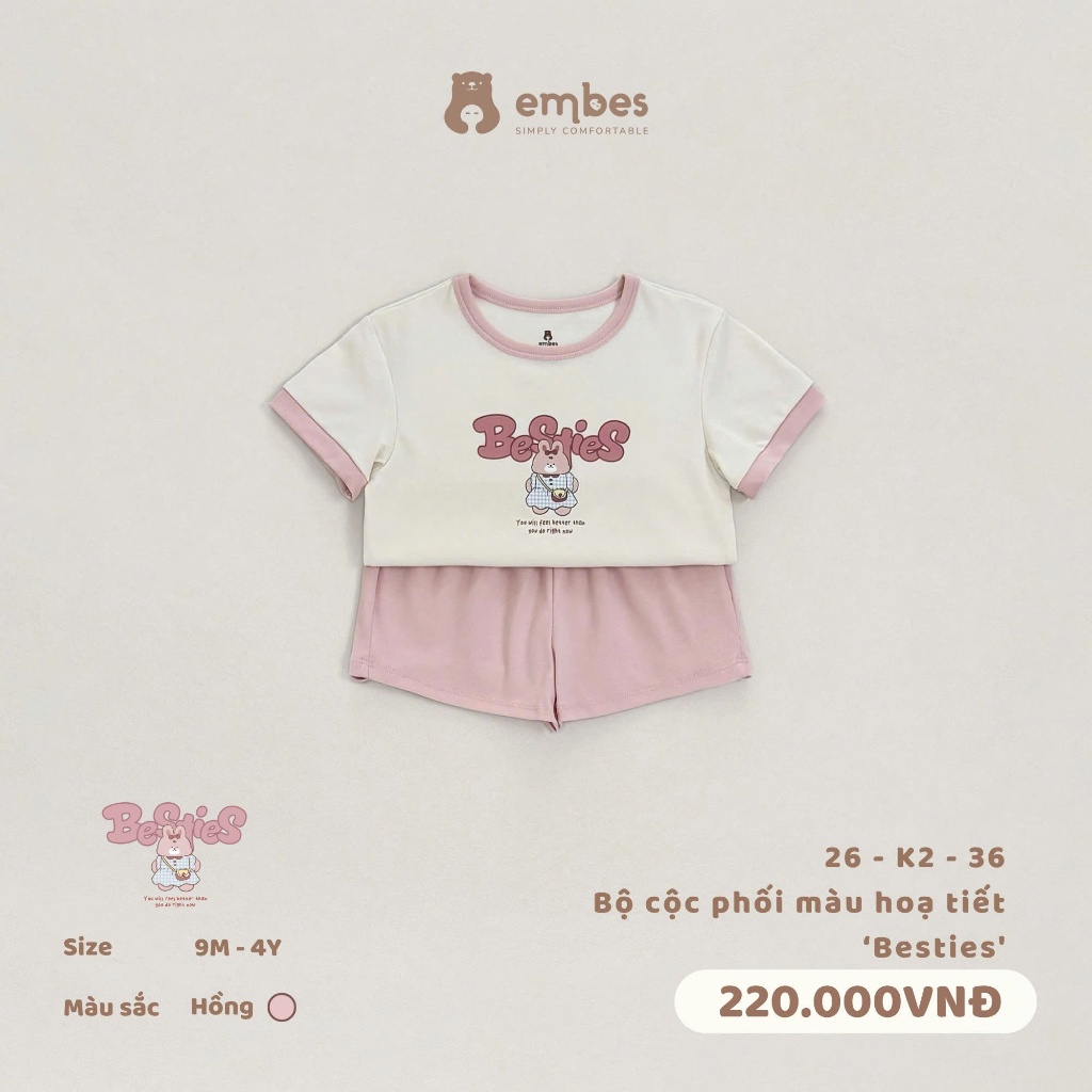 Bộ Cộc Cho Bé Embes, Bộ Cộc Ngực In Hình Phối Màu Chất Cotton Mềm Mại Thoáng Mát Cho Bé Từ 8-17Kg