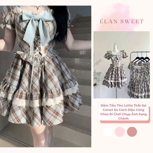 Váy Caro Nữ Dáng Xòe Phối Nơ Ngực, Váy Tiểu Thư Thắt Dây Corset Eo Cách Điệu Công Chúa Đi Chơi Chụp Ảnh Sang Chảnh