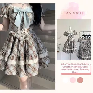 Váy Caro Nữ Dáng Xòe Phối Nơ Ngực, Váy Tiểu Thư Thắt Dây Corset Eo Cách Điệu Công Chúa Đi Chơi Chụp Ảnh Sang Chảnh