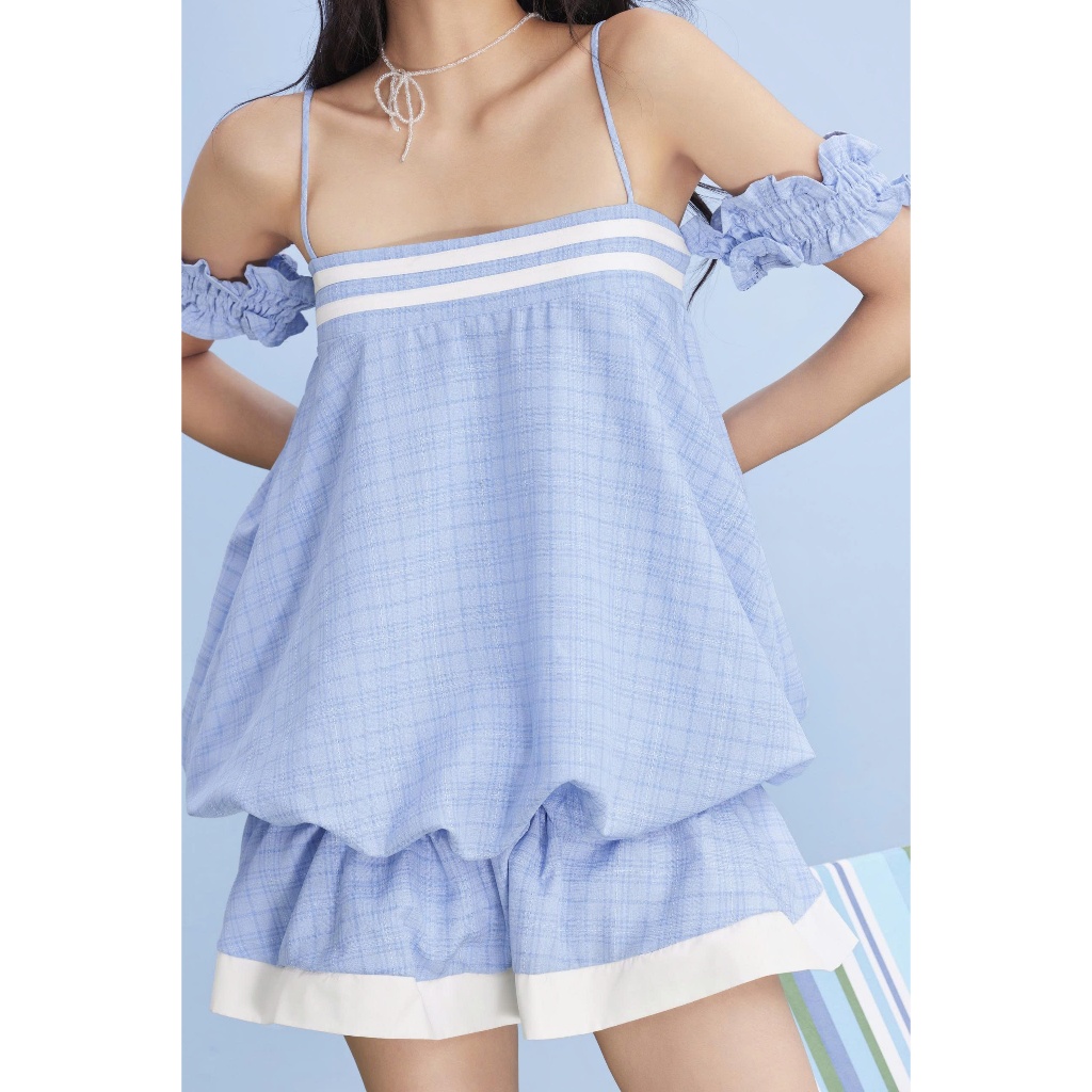 Đầm Nữ SANCOL Trễ Vai Caro Dáng Bí Xòe Mùa Hè SECODEE