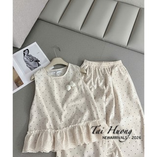 PHẠM THÙY SHOP: SET BỘ ÁO SÁT NÁCH HỌA TIẾT CHẤM BI MIX QUẦN DÀI BO ỐNG