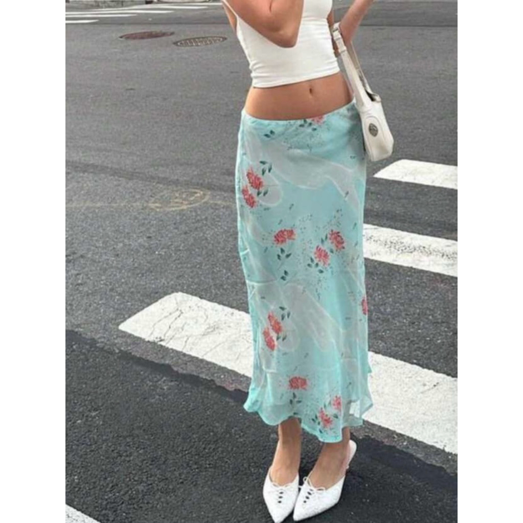 [ORDER 8-9 NGÀY] Chân Váy Midi Skirt Hoạ Tiết Hoa Màu Xanh Bích