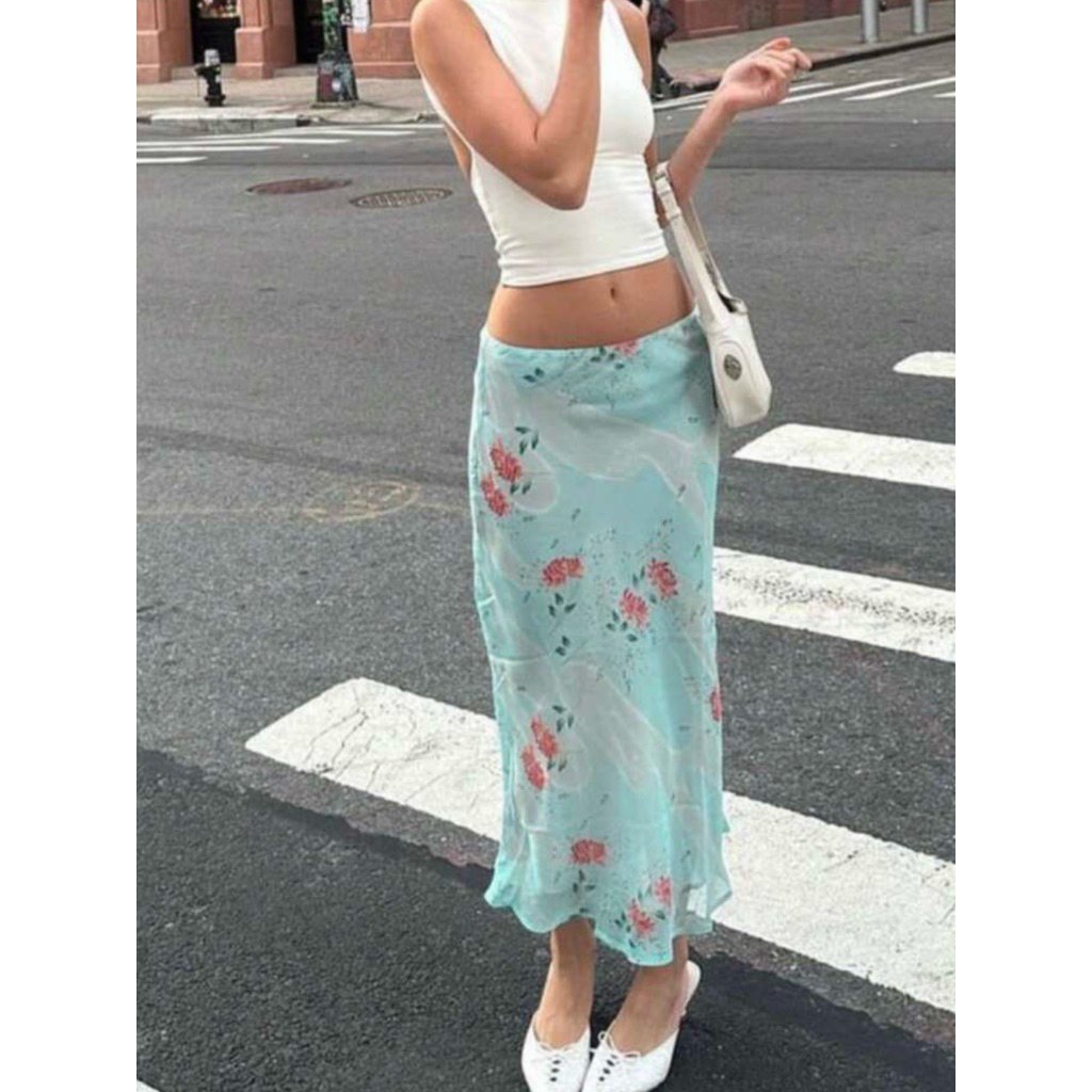 [ORDER 8-9 NGÀY] Chân Váy Midi Skirt Hoạ Tiết Hoa Màu Xanh Bích