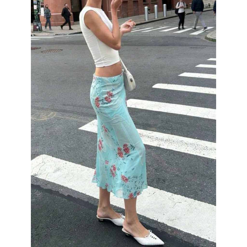 [ORDER 8-9 NGÀY] Chân Váy Midi Skirt Hoạ Tiết Hoa Màu Xanh Bích