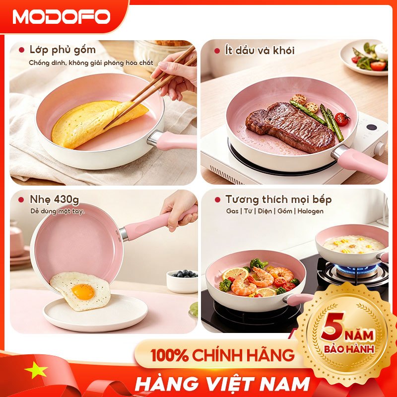 MODOFO Chảo xào, chảo chống dính lớp phủ gốm, dùng được cho mọi loại bếp, đường kính 20cm, màu hồng pastel
