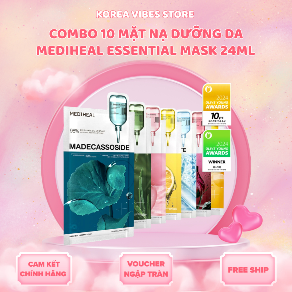 Combo 10+1 Mặt Nạ Dưỡng Da MEDIHEAL Essential Mask 24ml – 7 Loại (Tặng 1 Miếng) [MP1]