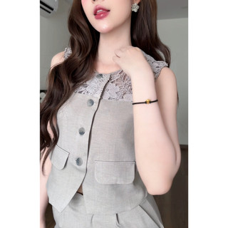 Set bộ nữ áo Gile phối ren cao cấp + Quần ống suông HB.Studio S115